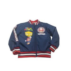 Super Mario Bros Kids Varsity Bomber Jacket Navy Blue Red Nintendo Size 8 Zip Up